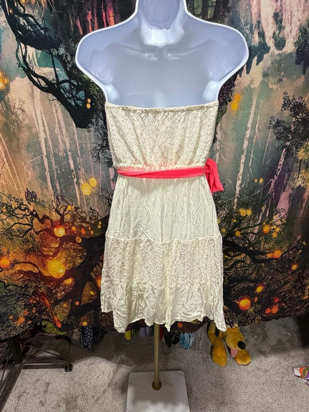 Flying Tomato Strapless Dress Cream Pink Crochet Lace Tiered Size L - Picture 5 of 8